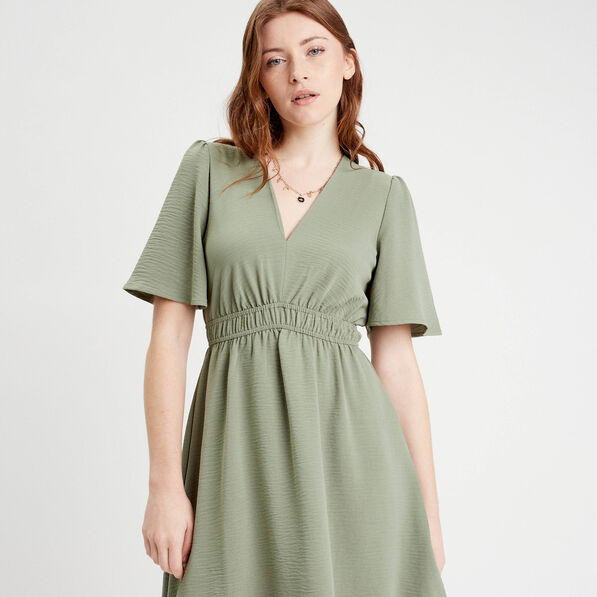 Robe évasée taille élastiquée vert kaki femme