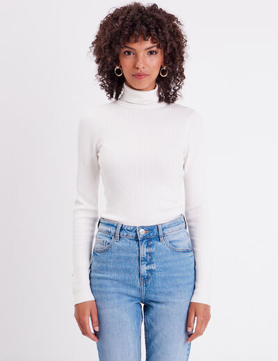 Pull col roulé côtelé ecru femme