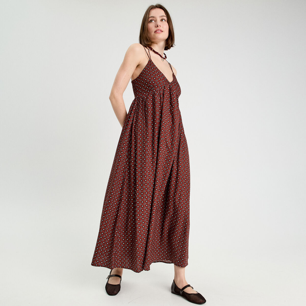 Robe longue &eacute;vas&eacute;e bretelles marron cognac femme