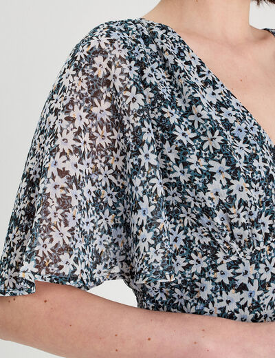 Robe longue évasée col en V bleu femme