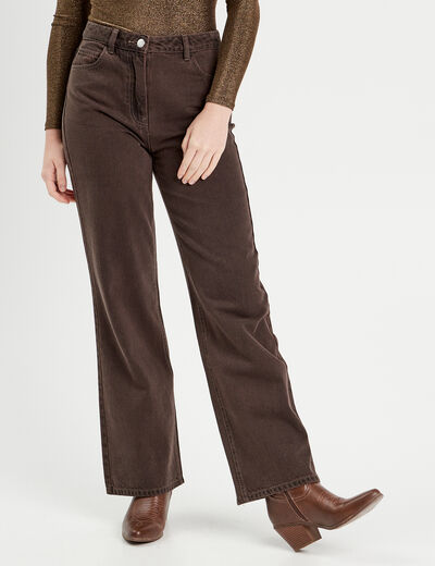 Jeans wide leg taille haute marron foncé femme