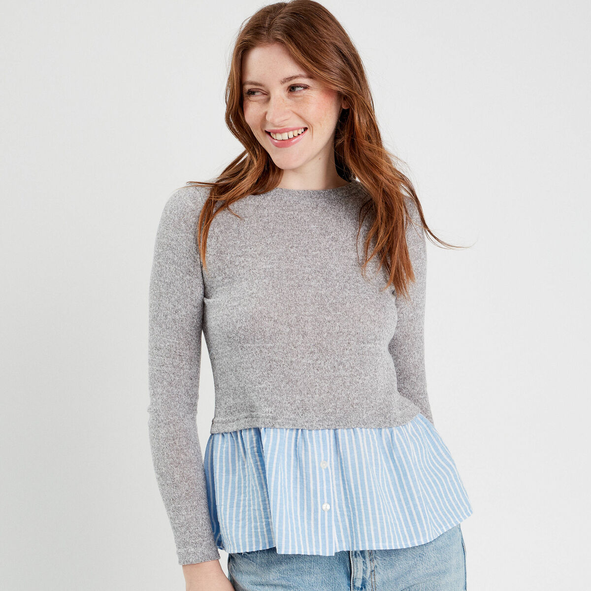 Pull effet 2-en-1 chemise gris clair femme