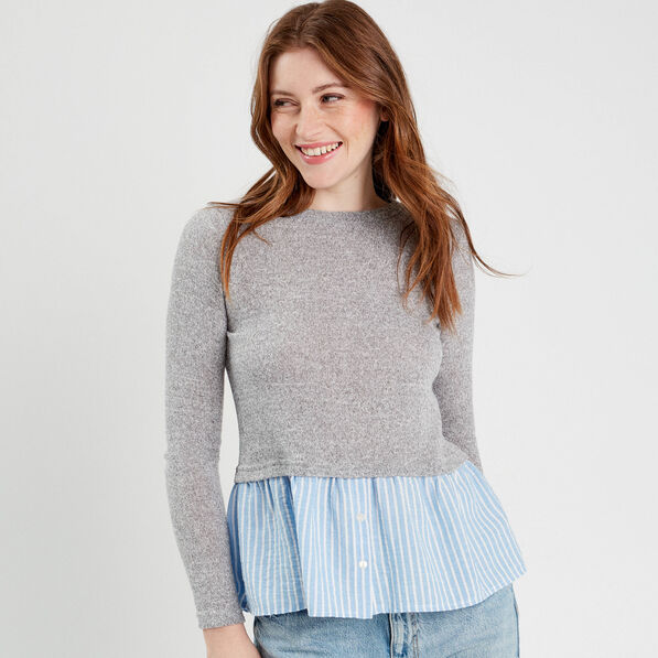 pull effet 2 en 1 chemise gris clair femme Pull effet 2-en-1 chemise gris clair femme