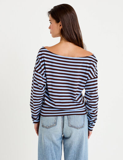 Pull col bateau manches longues bleu femme