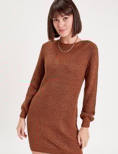 Robe pull droite col rond marron femme
