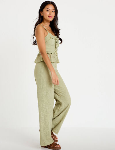 Pantalon large taille haute vert kaki femme
