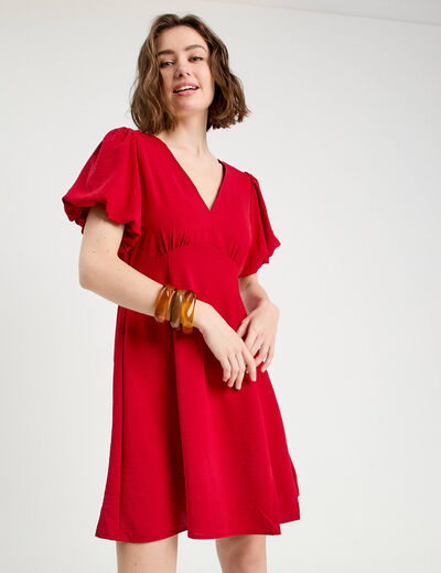 Robe trapèze manches ballons rouge femme