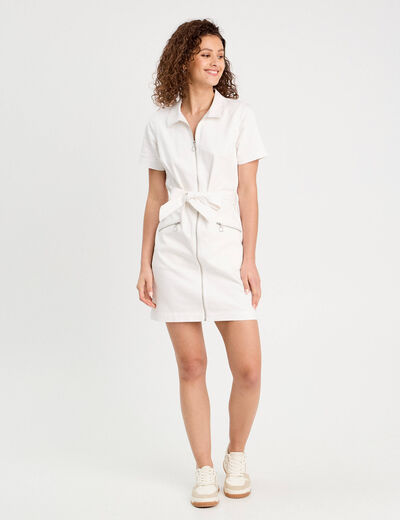 Robe droite zippée ceinturée ecru femme