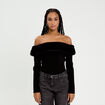 T-shirt col bardot fausse fourrure noir femme
