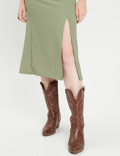 Robe midi ajustée col rond vert kaki femme