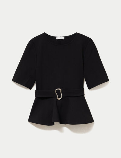 Top p&eacute;plum ceintur&eacute; manches courtes noir femme
