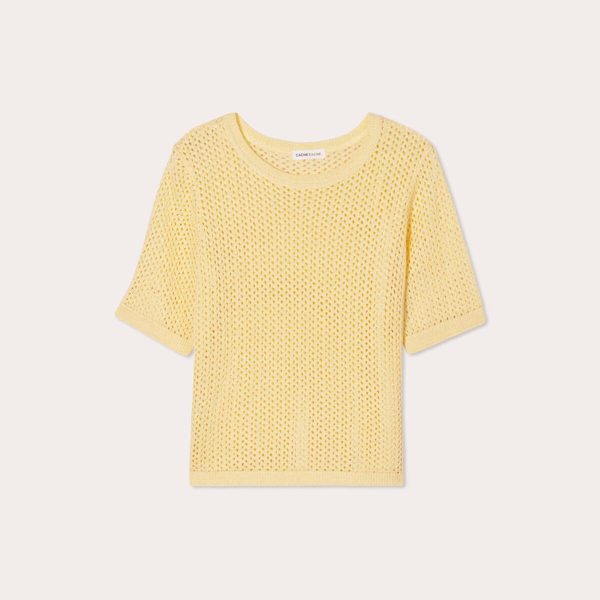 Pull manches courtes ajouré jaune moutarde femme