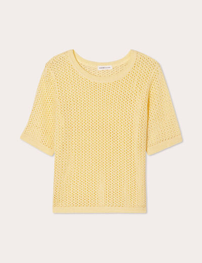 Pull manches courtes ajouré jaune moutarde femme