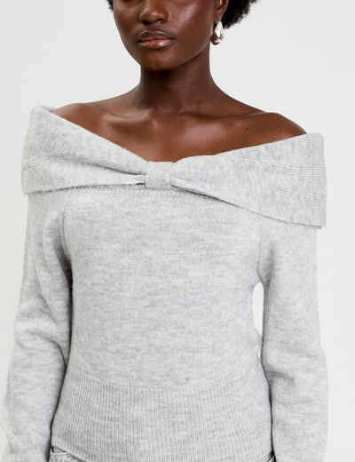 Pull col bardot manches longues gris clair femme