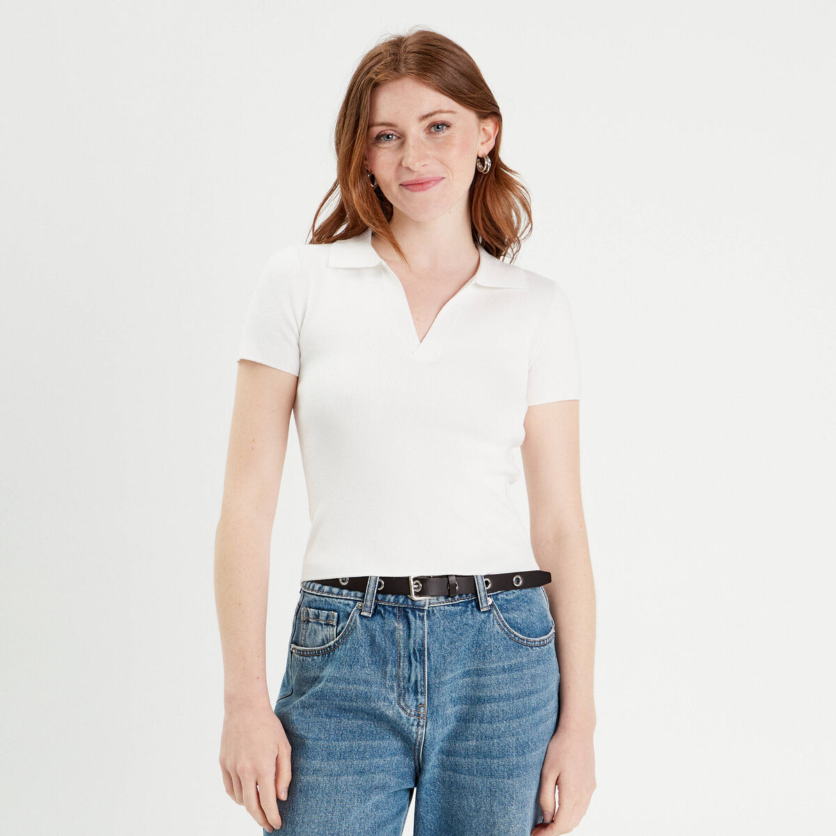 T-shirt manches courtes col polo blanc femme
