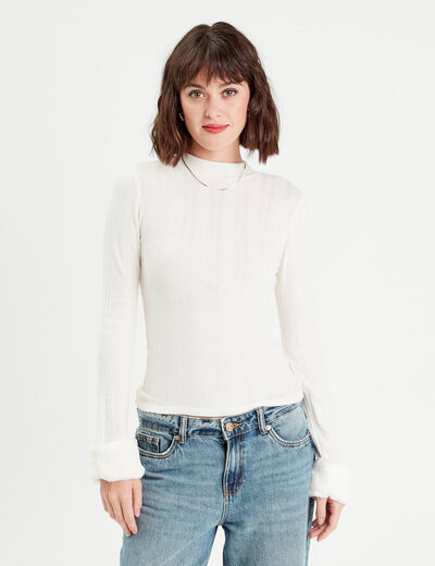 T-shirt poignets fourrure ecru femme
