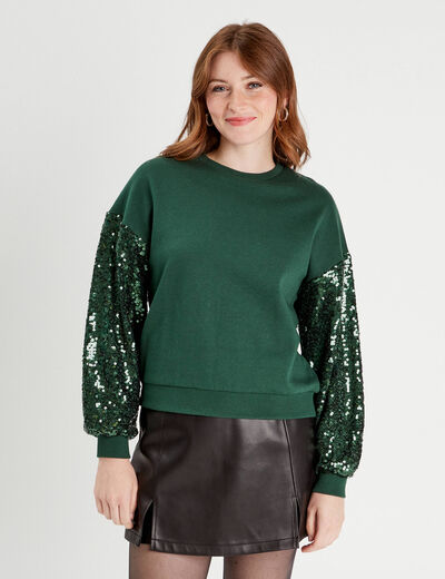 Sweat manches sequins vert foncé femme