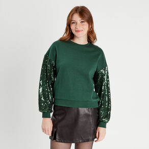 sweat manches sequins vert fonce femme Sweat manches sequins vert foncé femme