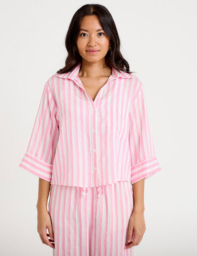 Blouse ample col tunisien manches 3/4 rose femme