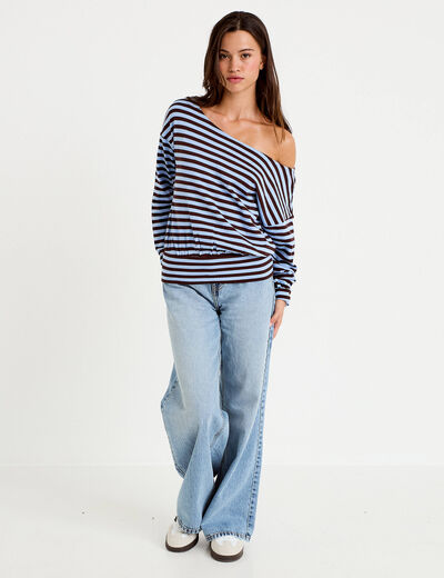Pull col bateau manches longues bleu femme