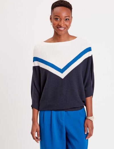 Pull manches 3/4 chauve-souris bleu marine femme
