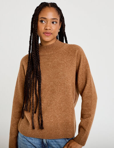 Pull col montant manches longues camel femme