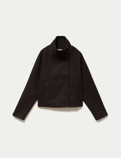 Veste chin&eacute;e col montant manches longues marron fonc&eacute; femme