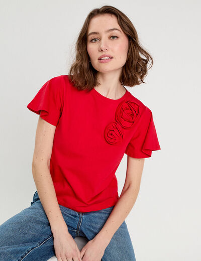 T-shirt détails fleurs rouge femme