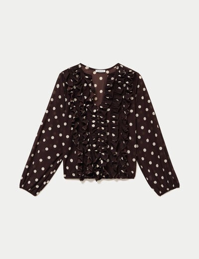 Blouse droite col v manches longues marron femme