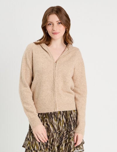 Gilet manches longues capuche beige femme