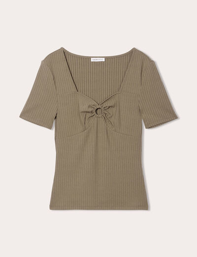 T-shirt col en V anneau vert kaki femme