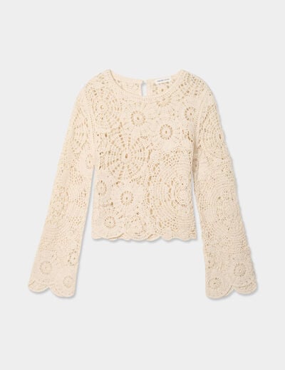Pull ajouré effet crochet ecru femme