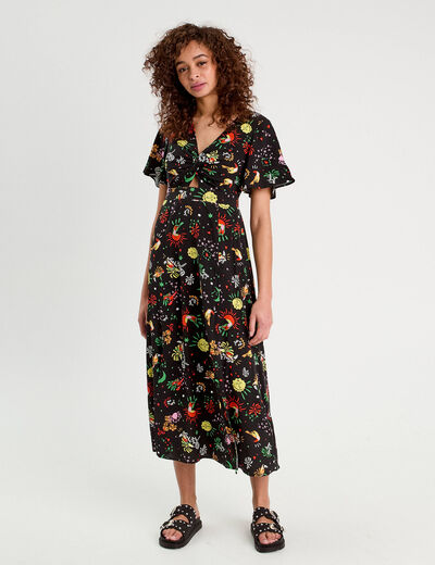 Robe longue évasée col twisté noir femme