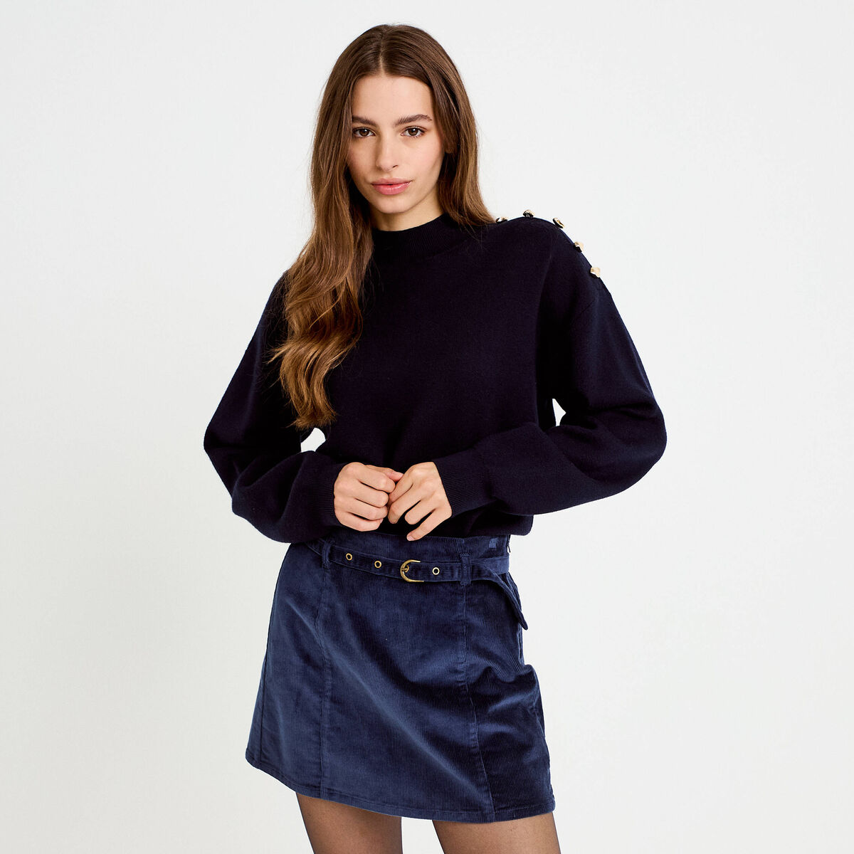 Jupe-short &eacute;vas&eacute;e velours ceinture bleu marine femme
