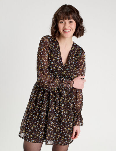 Robe évasée manches longues noir femme