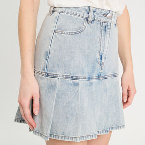 Jupe droite plissée en jean denim bleach femme