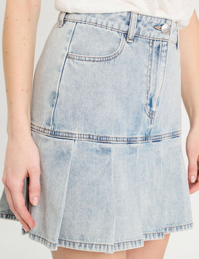 Jupe droite plissée en jean denim bleach femme