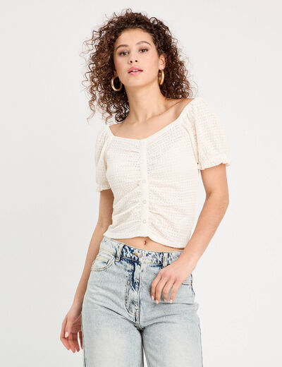 Blouse ajourée manches courtes ecru femme