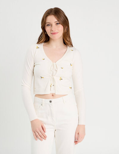 Gilet avec broderie ecru femme