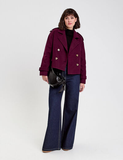 Trench court boutonné prune femme