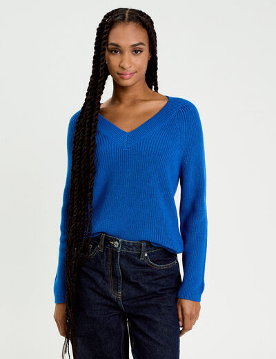 Pull col v manches longues bleu electrique femme
