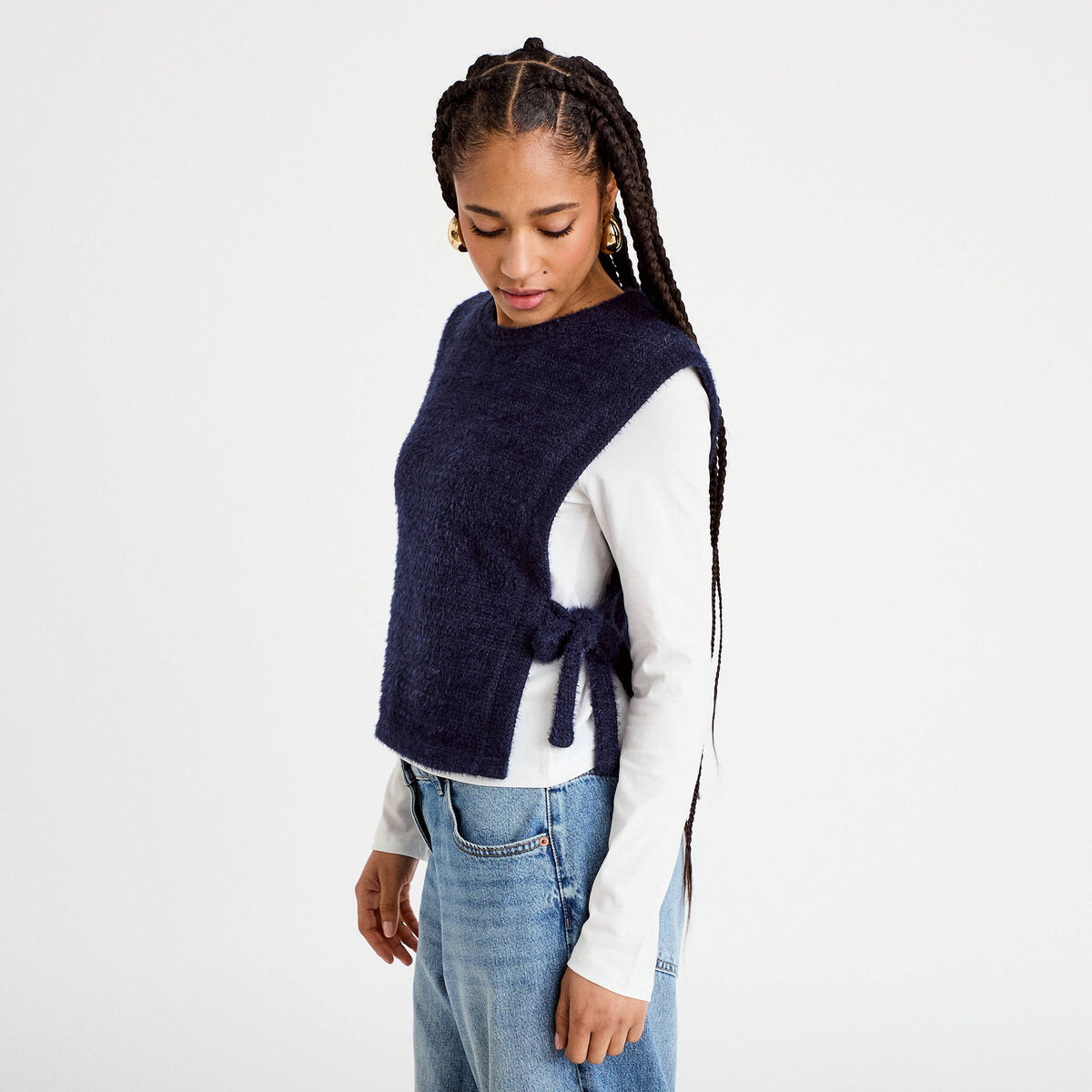 T-shirt pull sans manches 2-en-1 bleu marine femme