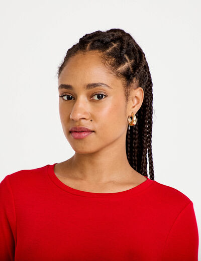 T-shirt ajust&eacute; col rond manches longues rouge femme
