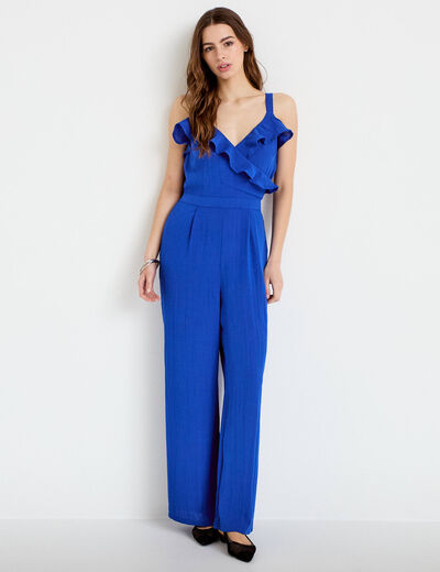 Combinaison pantalon volants bleu electrique femme