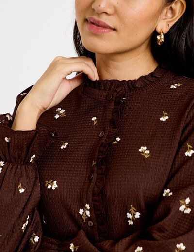 Chemise droite broderie manches longues marron fonc&eacute; femme