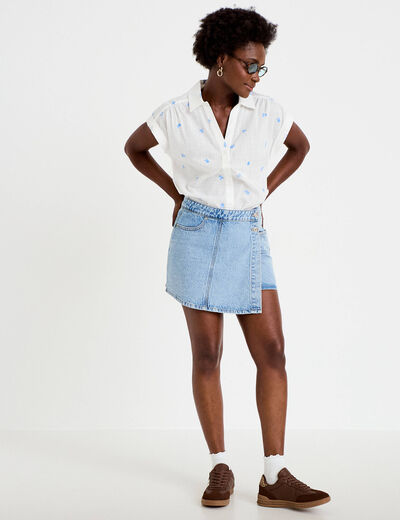 Jupe-short trap&egrave;ze en jean denim triple stone femme