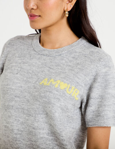 Pull ample manches courtes gris clair femme