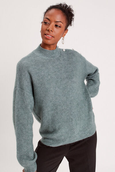 Pull col montant vert foncé femme