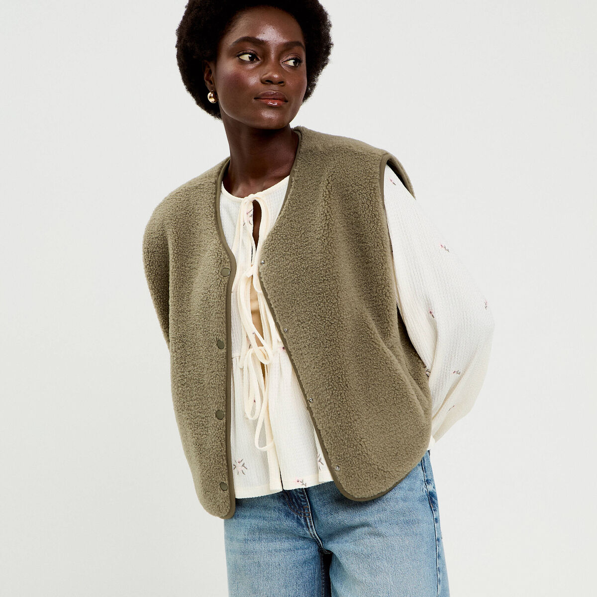 Gilet sans manches effet polaire vert kaki femme