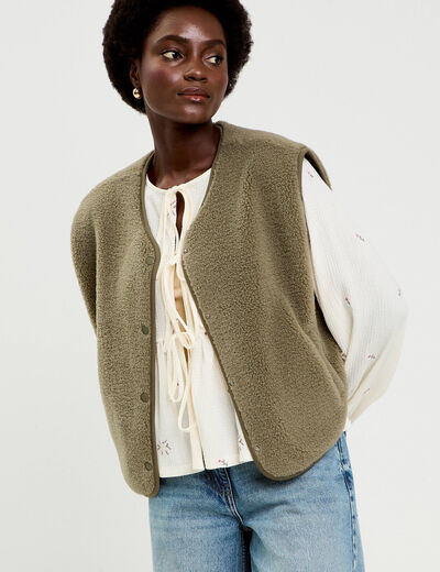 Gilet sans manches effet polaire vert kaki femme